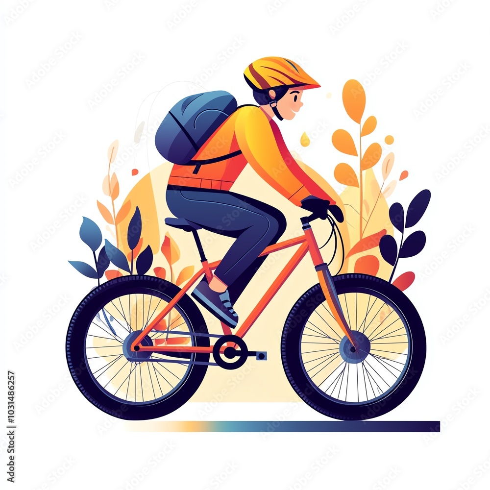 Fototapeta premium A cyclist riding a mountain bike through colorful foliage, wearing a helmet and a backpack, ideal for fitness and outdoor themes.