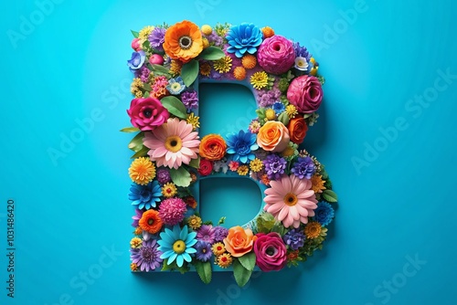 Macro Photography of Colorful 3D Alphabet B with Flowers on Blue Background for Educational Use photo