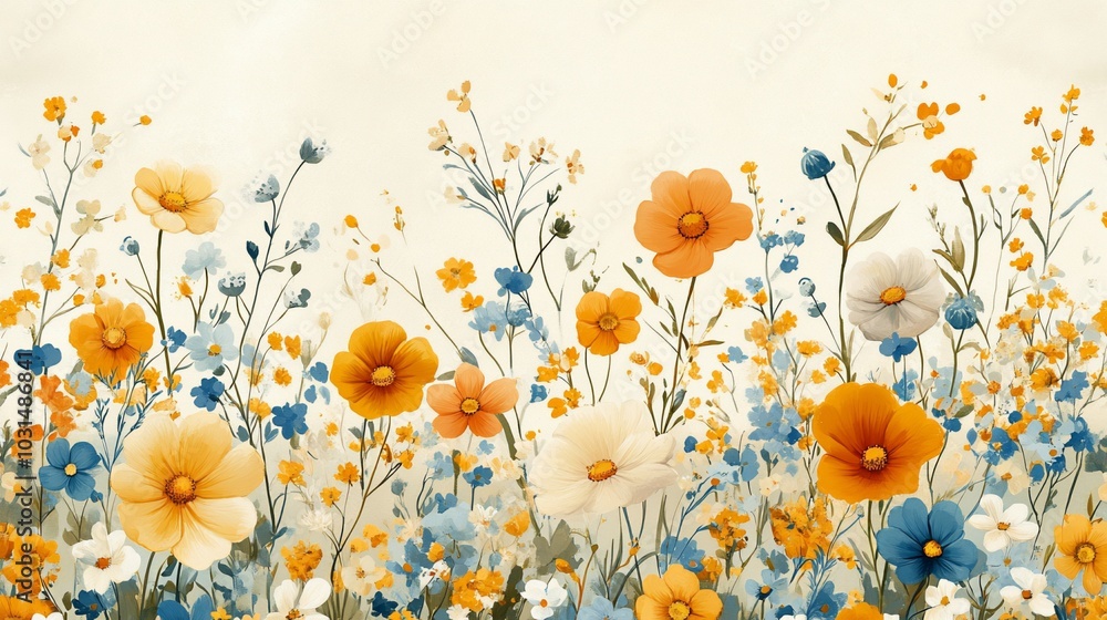 A vibrant field of wildflowers in shades of orange, yellow, and blue, set against a soft, off-white background. The flowers are arranged in a pleasing, random pattern A vibrant field of wildflowers in shades of orange, yellow, and blue, set against a soft, off-white background. The flowers are arranged in a pleasing, random pattern