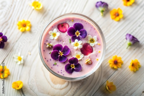 Pink smoothie with decorative flowers on white wooden table