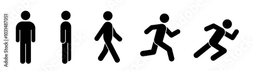 Set of black color pictograms. Person standing upright, walking, running, sprinting.