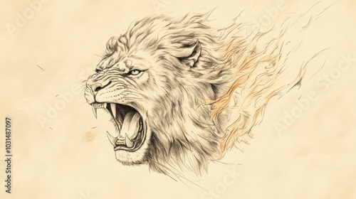 Roaring Lion with Flames in Its Eyes Symbolizing God s Fierce Anger Toward Nineveh s Wickedness as Depicted in the Biblical Book of Nahum   Minimalist Wall Art Sketch photo