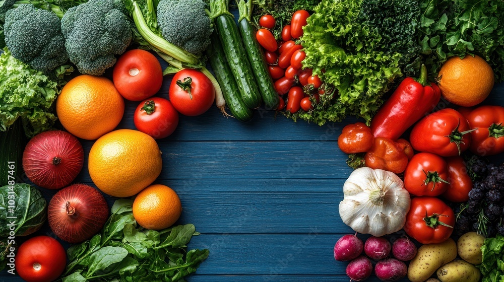 A vibrant assortment of fresh vegetables and fruits on a table. A vibrant assortment of fresh vegetables and fruits on a table.