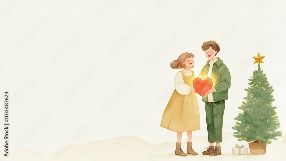 A couple sharing a moment of joy as they open glowing heart-shaped presents under the Christmas tree A couple sharing a moment of joy as they open glowing heart-shaped presents under the Christmas tree