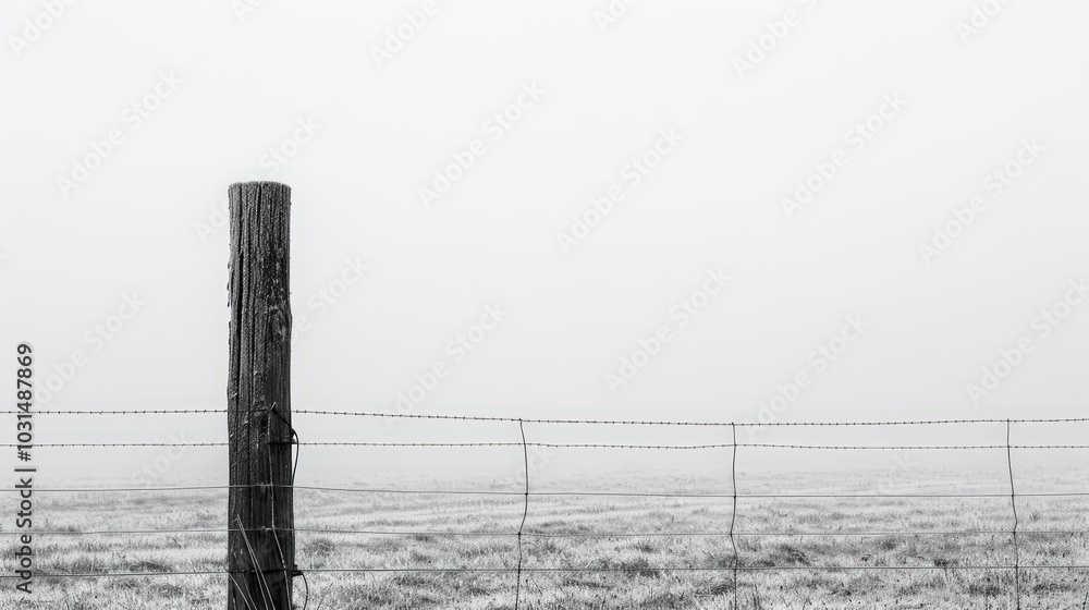 Foggy Landscape with Fence Post and Barbed Wire Foggy Landscape with Fence Post and Barbed Wire