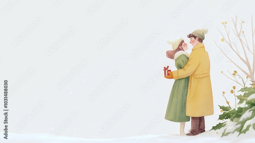 A man embracing his girlfriend with hand holding a wrapped present, symbolizing love and holiday celebration. A man embracing his girlfriend with hand holding a wrapped present, symbolizing love and holiday celebration.