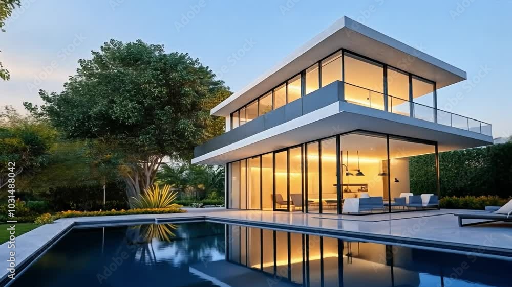 A modern, two-story house with a pool, surrounded by lush landscaping. Light is shining from inside. A modern, two-story house with a pool, surrounded by lush landscaping. Light is shining from inside.