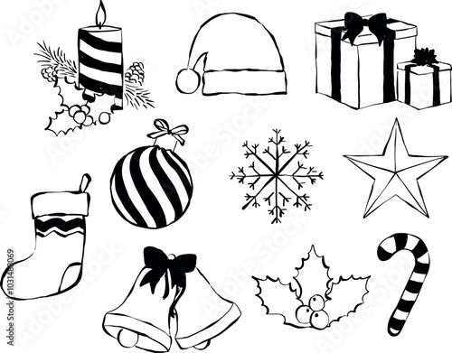 Set de iconos navideños dibujados a mano. Ilustraciones navideñas para invitaciones, tarjetas, decoración, regalos. Vector.