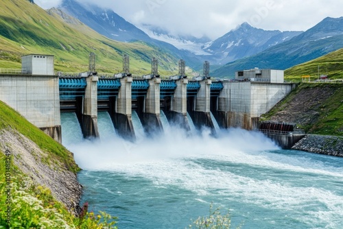 Massive hydroelectric dam generating electricity with turbines and rushing water