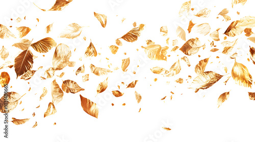 pieces of gold foil flying on white