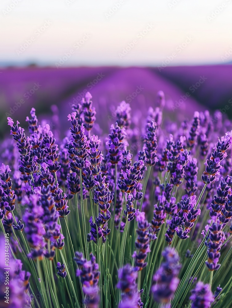 Fototapeta premium Lavender field in bloom, vibrant purple flowers against a clear sky.