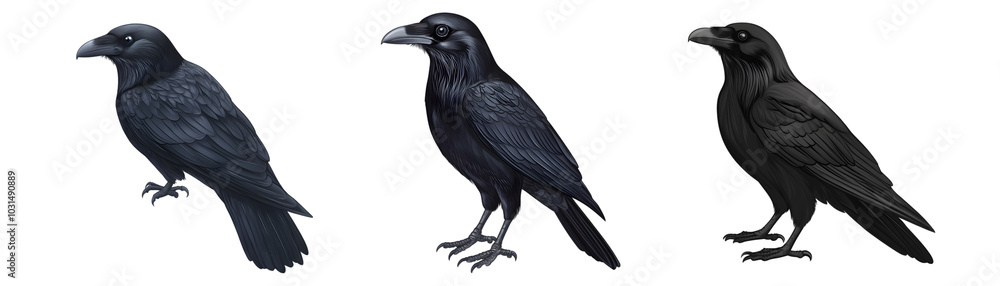 Three stylized black ravens in varying poses and designs. Three stylized black ravens in varying poses and designs.