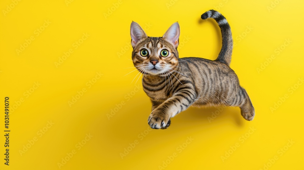 Obraz premium A playful cat leaps energetically against a vibrant yellow background, showcasing its agility and charm.