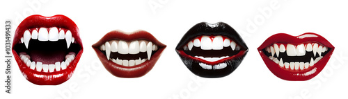 Four sets of lips showcasing vampire fangs in various colors and styles.