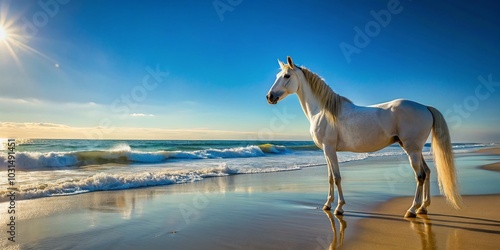 Majestic White Horse on Summer Beach - Captivating Product Photography for Nature Lovers photo