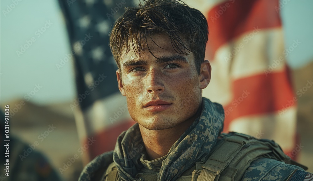 Defender of Freedom: A Soldier Standing Proudly Behind the American Flag with a Determined Look Defender of Freedom: A Soldier Standing Proudly Behind the American Flag with a Determined Look