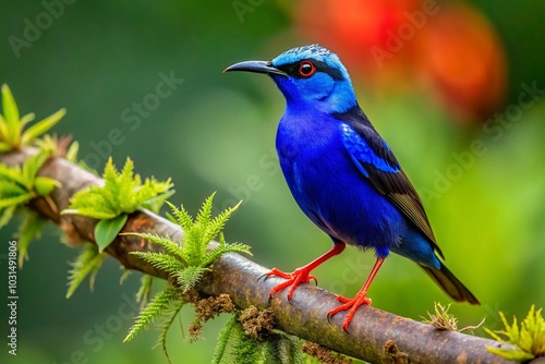 Male Redlegged Honeycreeper Perched in Costa Rican Rainforest - Nature Photography photo