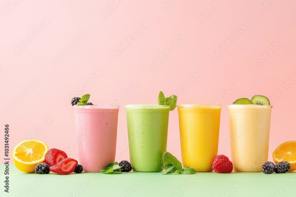 Colorful Vegan Smoothies Display on Pastel Background Colorful Vegan Smoothies Display on Pastel Background