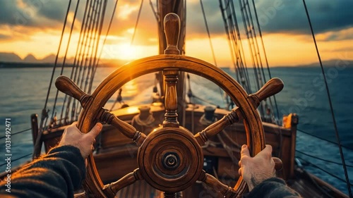 A wooden ship's steering wheel, hands on it, at sunset over water.
