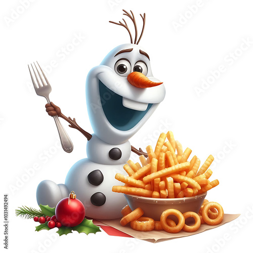 Christmas Snowman Funny Olaf eating french fries