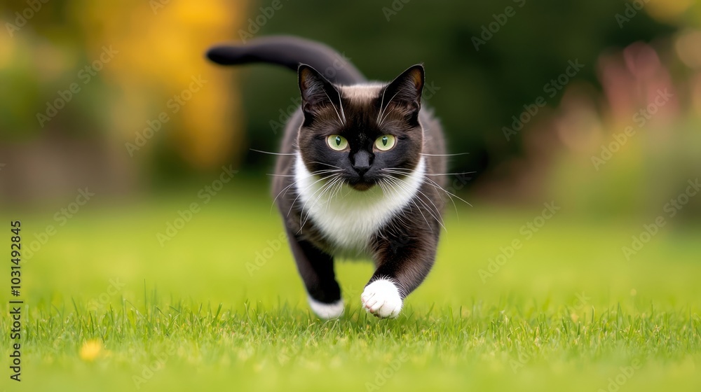 A playful black and white cat runs across a vibrant green lawn, exuding energy and curiosity in its surroundings. A playful black and white cat runs across a vibrant green lawn, exuding energy and curiosity in its surroundings.