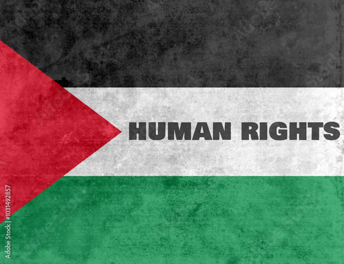 Damaged grunge flag of Palestine,with text Human rights