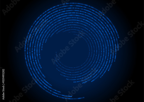 Futuristic glowing tech blue spiral halftones circles abstract background. Geometric minimal vector design