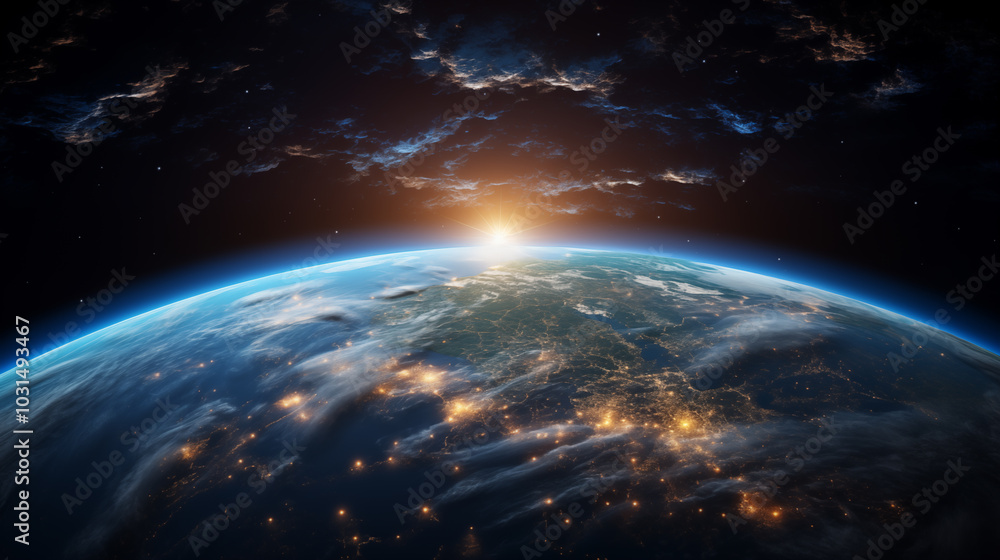 Fototapeta premium Planet Earth with detailed relief and atmosphere. Blue space background with earth and galaxy.