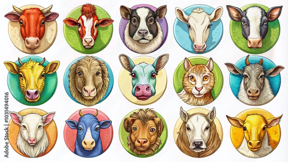 Obraz premium Mega Collection of Hand-Drawn Face Icons Pack - Isolated Farm Animal Silhouettes and Profile Buttons Vector