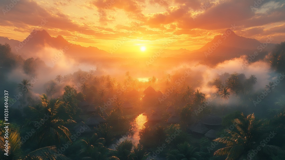 Naklejka premium Tropical paradise with sunrise over misty jungle.