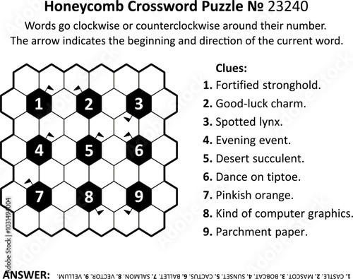 Honeycomb crossword puzzle game № 23240. General knowledge, family friendly content. Answer included.
