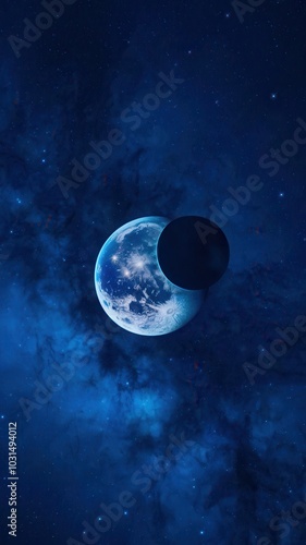 Digital space scene with moon and Earth during lunar eclipse
