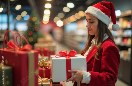 Young woman in Santa's hat choosing Christmas presents in a shop. 