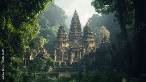 A majestic ancient temple stands tall amidst lush foliage, bathed in soft morning light. The intricate carvings and towering spires create a sense of awe and wonder. photo