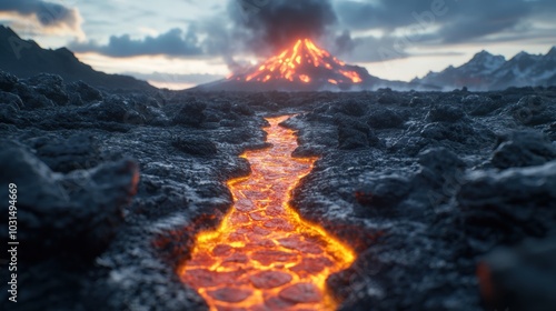 A river of molten lava flows through a valley of obsidian rocks, creating a surreal image of a fiery, alien environment.