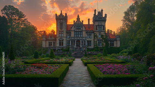 A historic castle on the edge of a forest, with a meticulously arranged flower garden in the foreground featuring colorful flower beds and trimmed hedges, under a clear evening sky with the 