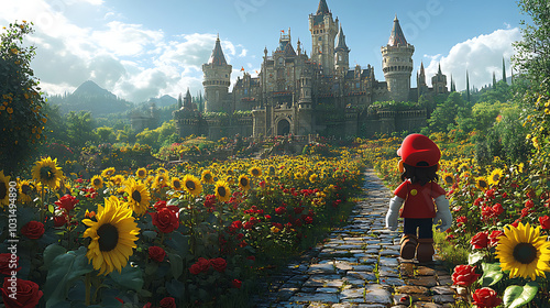 A royal castle standing tall on a hill, surrounded by a vibrant field of sunflowers and roses, with winding stone pathways leading to a grand entrance, all bathed in the golden light of a summer  photo