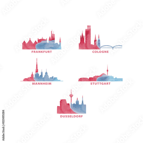 Germany cities skyline vector logo, icon set. Watercolor Frankfurt, Cologne, Mannheim, Stuttgart, Dusseldorf silhouette. Isolated graphic collection