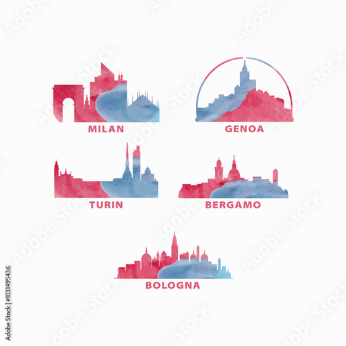 Italy cities skyline vector logo, icon set. Watercolor Milan, Bergamo, Genoa, Turin, Bologna silhouette. Isolated graphic collection