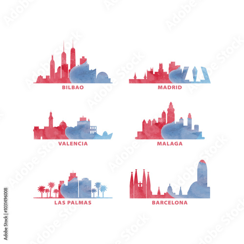 Spain cities skyline vector logo, icon set. Watercolor Barcelona, Madrid, Bilbao, Valencia, Malaga, Las Palmas silhouette. Isolated graphic collection