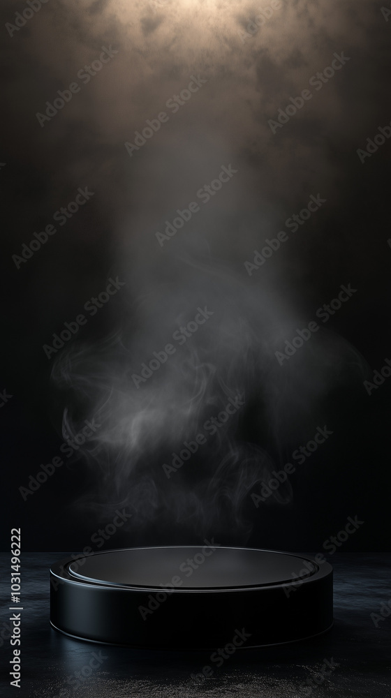 A Black Round Podium with Smoke on a Black Background. A Black Round Podium with Smoke on a Black Background.