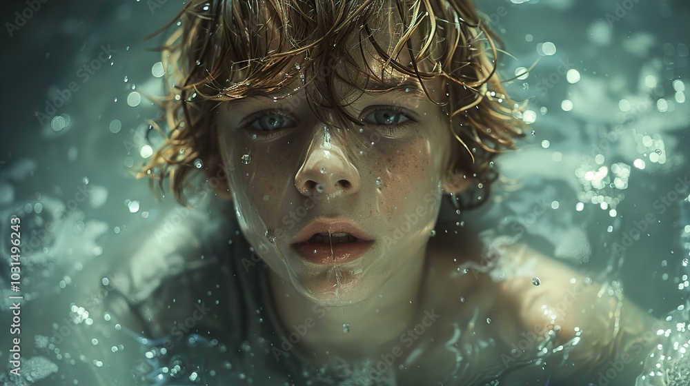 Fototapeta premium Boy Underwater: A Close-Up Portrait with Water Drops