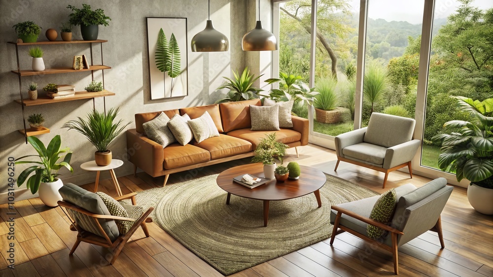 Obraz premium MidCentury Modern Living Room with Natural Elements - Cozy and Stylish Interior Design