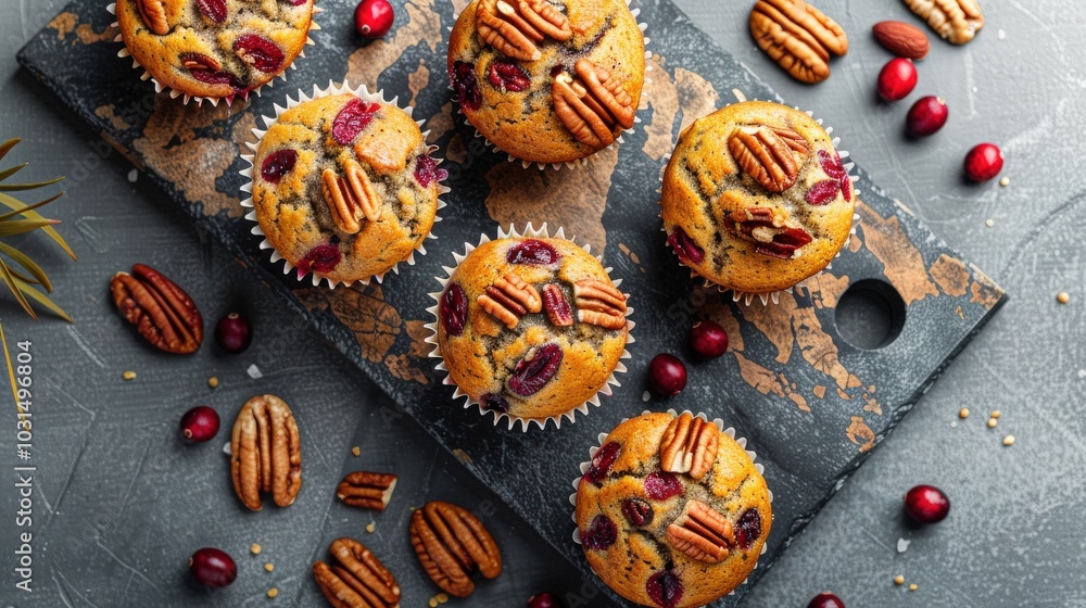 Cranberry Pecan Muffins on Marble Board Cranberry Pecan Muffins on Marble Board