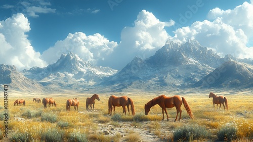 Wallpaper Mural A herd of horses grazing in a grassy meadow with snow-capped mountains in the background. Torontodigital.ca