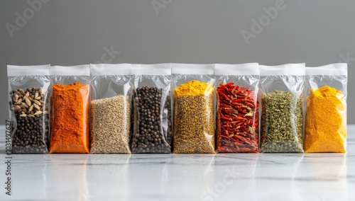Fototapeta Naklejka Na Ścianę i Meble -  A row of eight clear plastic bags filled with various spices, on a white marble surface against a grey background.