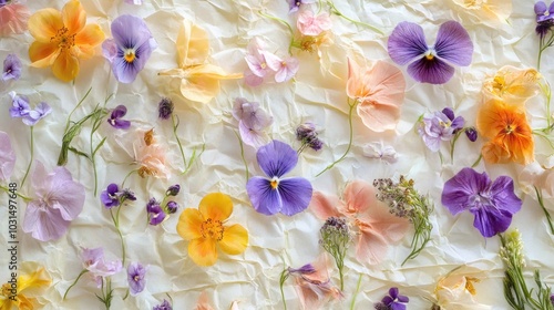 A flat lay of colorful flowers and petals scattered on a white wrinkled background.