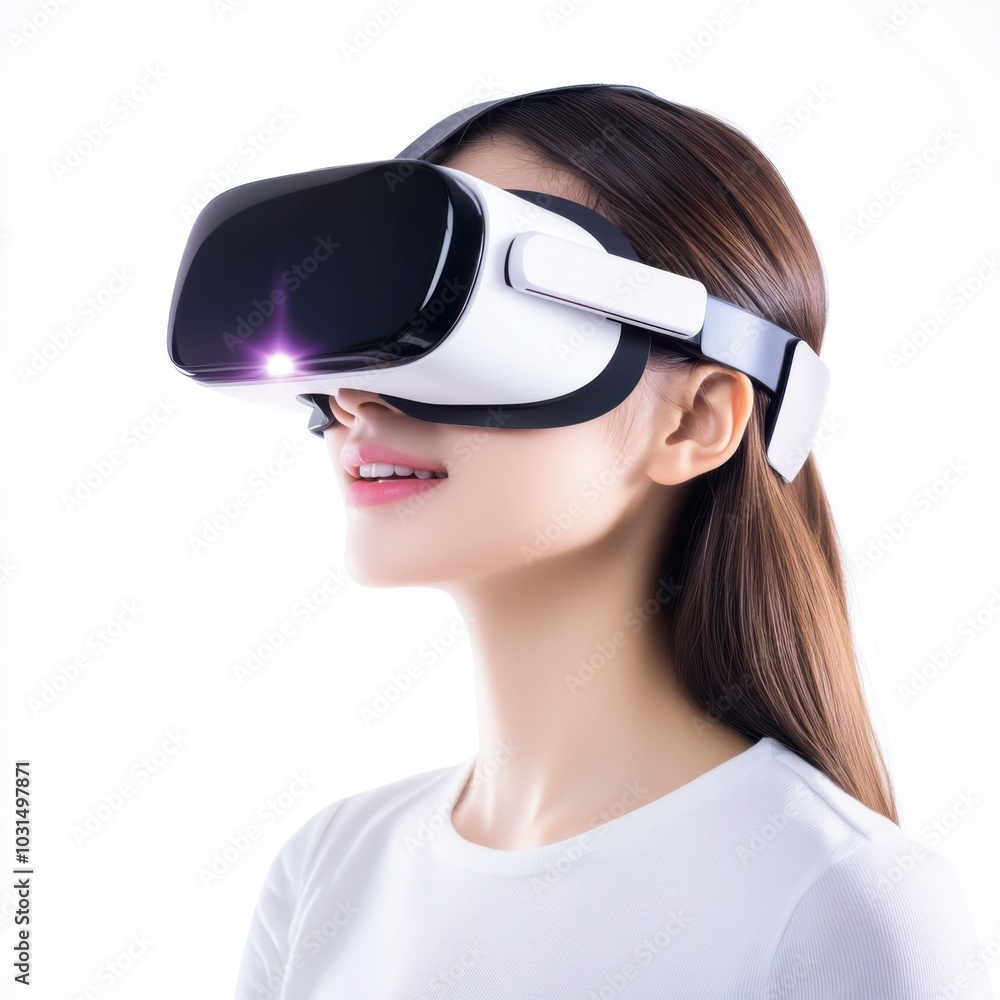 A woman experiences virtual reality, showcasing advanced technology with a sleek headset and an engaging expression. A woman experiences virtual reality, showcasing advanced technology with a sleek headset and an engaging expression.