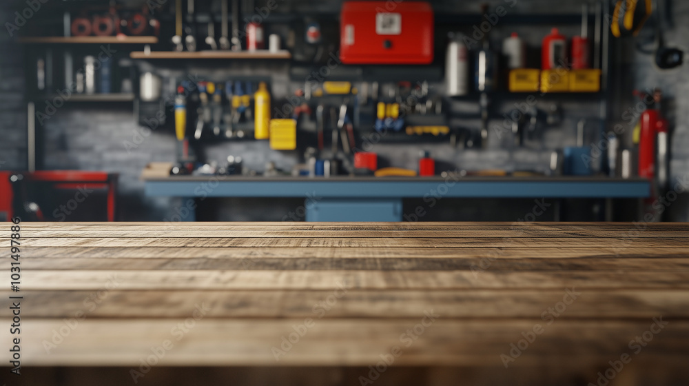 Empty Wooden Tabletop with a Garage Background. Empty Wooden Tabletop with a Garage Background.