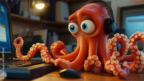 Cartoon octopus with headphones working at a computer desk